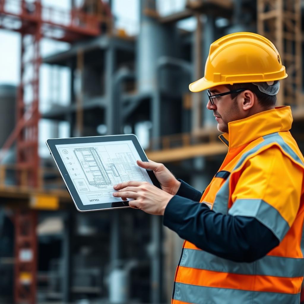Ingeniero con casco amarillo revisando el plan de izado en una tablet